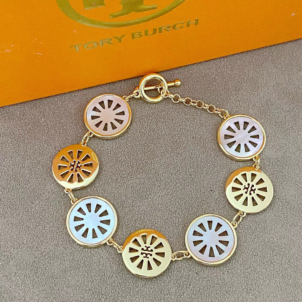 Tory Burch Hollow Geometric Circle Inlaid Metal Bracelet